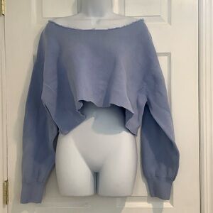AERIE Women’s 100% Cotton Blue Cropped Frayed Wide Neck/Off The Shoulder Top M
